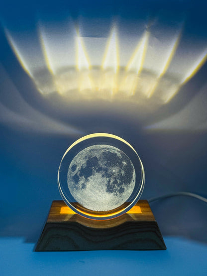 3D Moon LED Night Lamp with Wooden Base | Laser Engraved Full Moon Acrylic Light for Bedroom, Home Decor, Desk & Gifting | Lunar Glow Ambient Lamp with USB Power | Celestial Mood Light