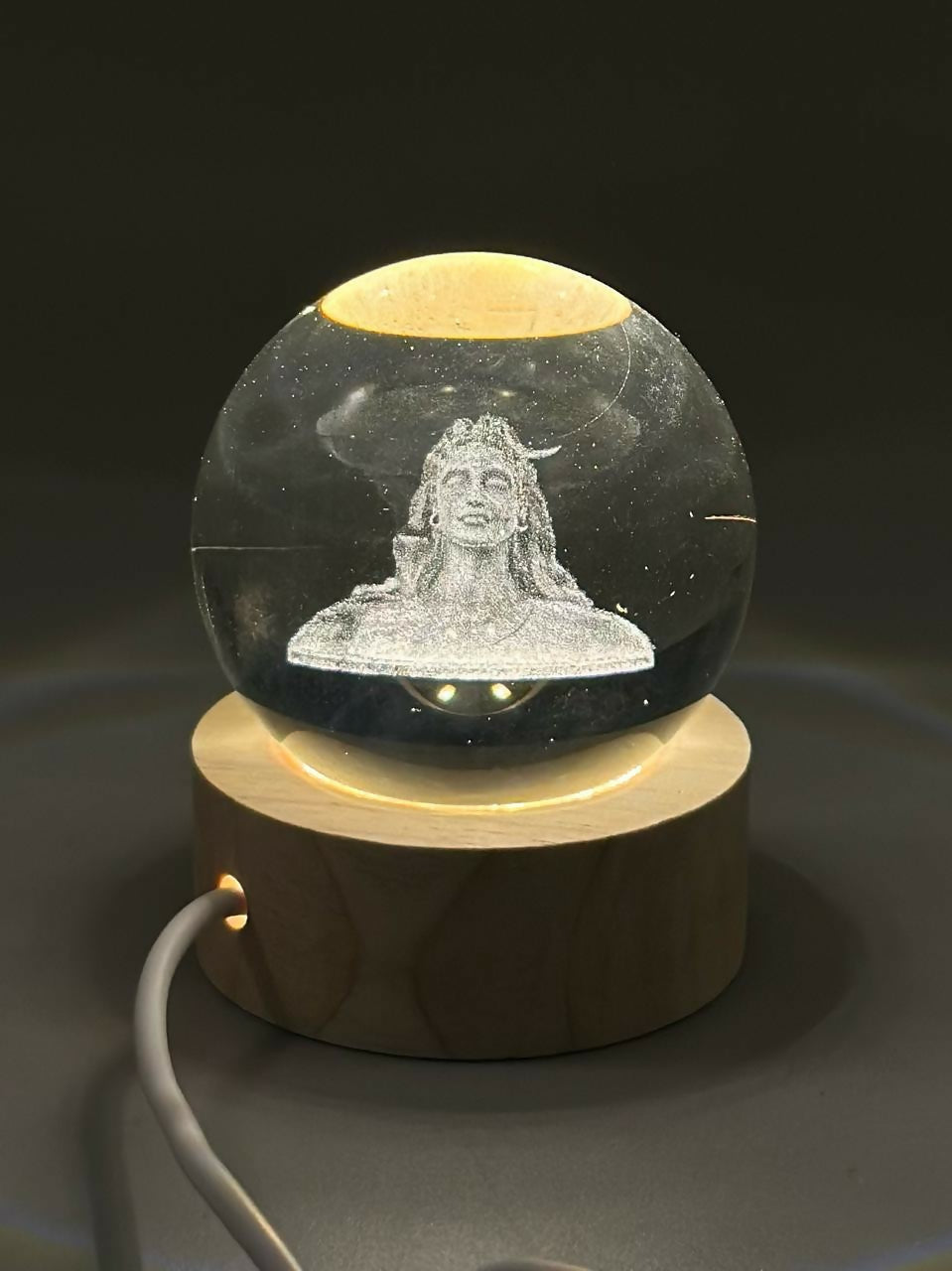 3D Crystal Glass Shiva Sculpture LED Night Lamp with Wooden Base – Illuminated Adiyogi Bust Decorative Light for Meditation, Spiritual Home Décor, and Gift Purposes