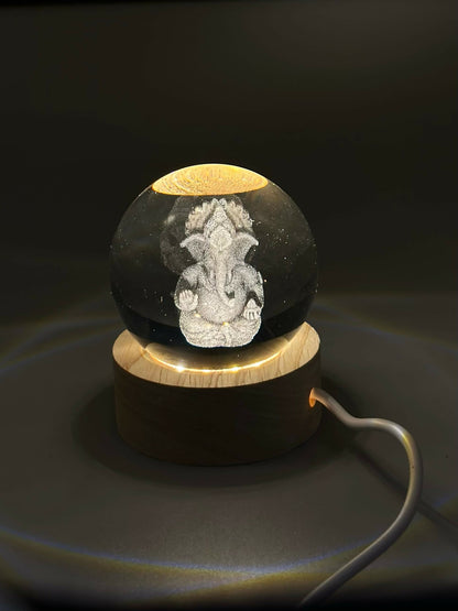 3D Crystal Ganesha LED Night Lamp Crystal Ball Night Lamp,Creative Engraved Crystal Ball Night Light, USB Table LED Wooden Crystal Ball for Home Office Decoration Birthday Gift Adults, Ganesh Ganesha
