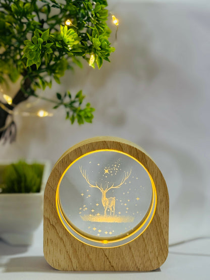 3D Deer in Forest Scene Crystal Glass LED Night Lamp with Wooden Frame – USB Powered Table Light with Warm Yellow Glow | Nature-Inspired Bedroom Decor, Night Light & Gift for Animal Lovers